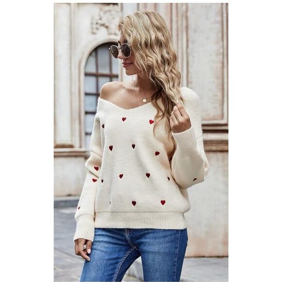 ECOWISH Women Valentine Heart Sweater V Neck Embroidery Knit Loose Casual Small - Picture 3 of 11